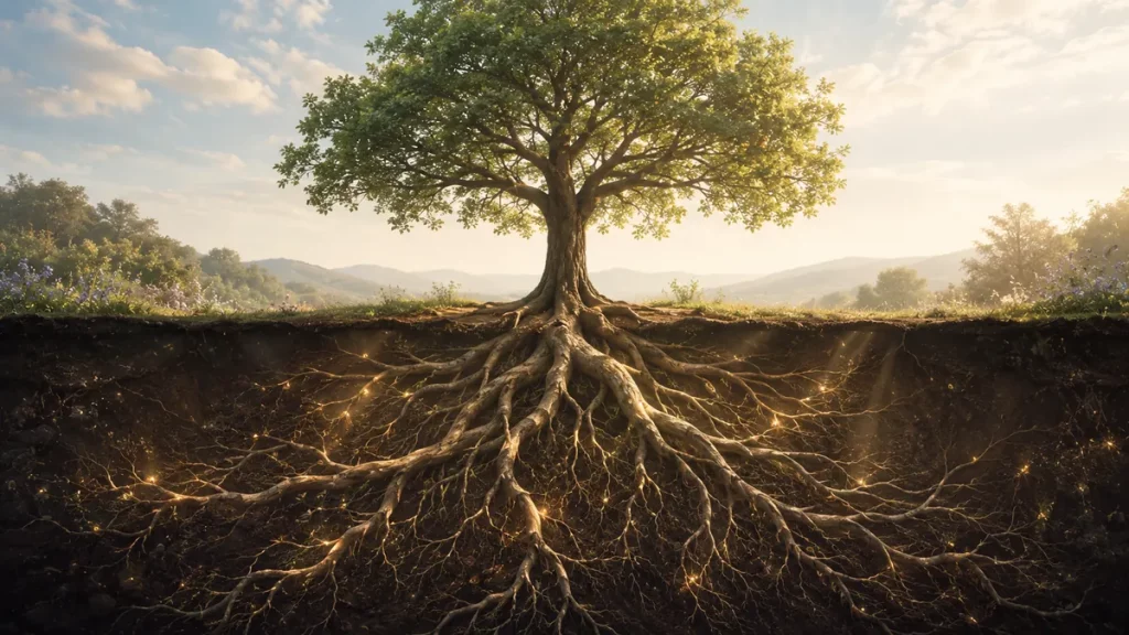 Árbol con raíces profundas que representan el subconsciente