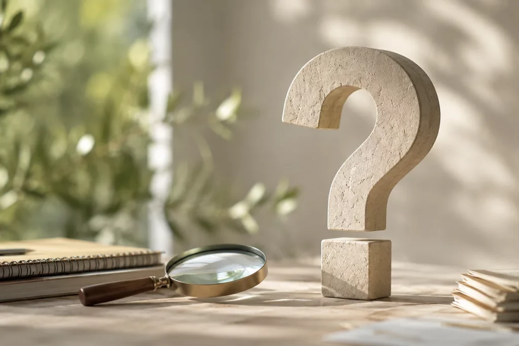 Signo de interrogación junto a una lupa y varios cuadernos
