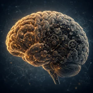 Cerebro con conexiones luminosas y engranajes que representan los patrones del subconsciente.