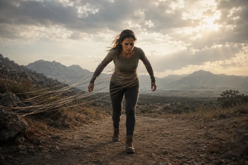 Mujer avanzando por un camino de montaña mientras varias cuerdas frenan su paso.