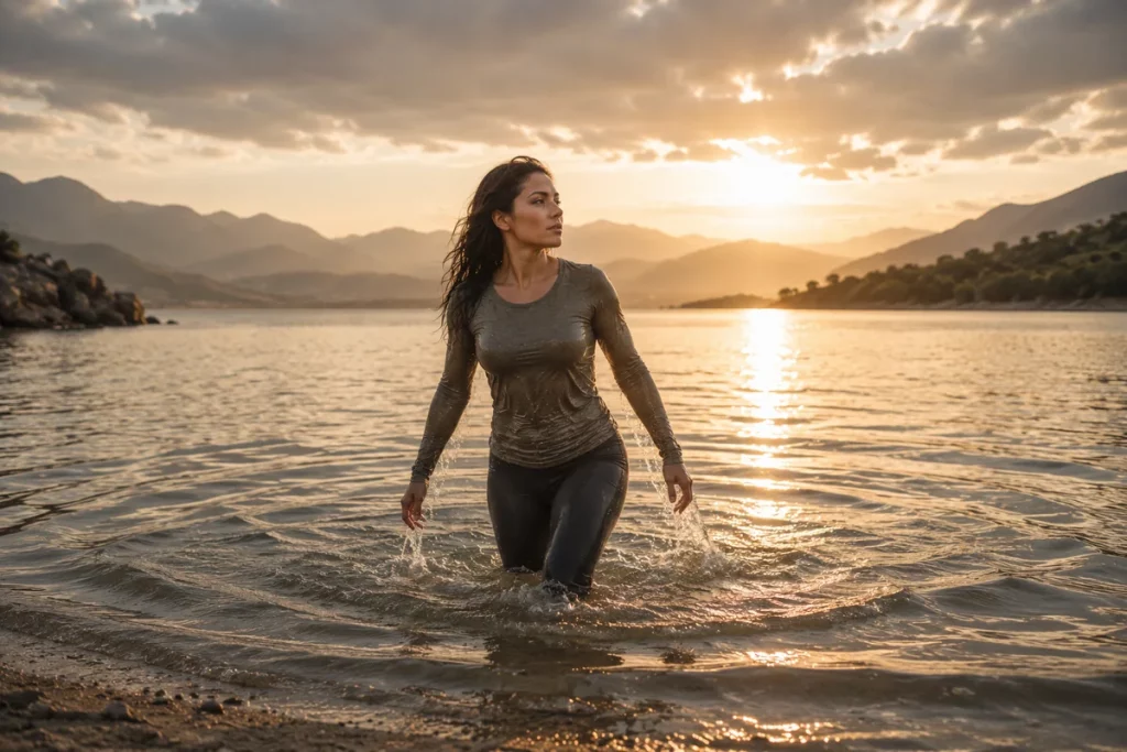 Mujer saliendo del agua con montañas y luz dorada al fondo.