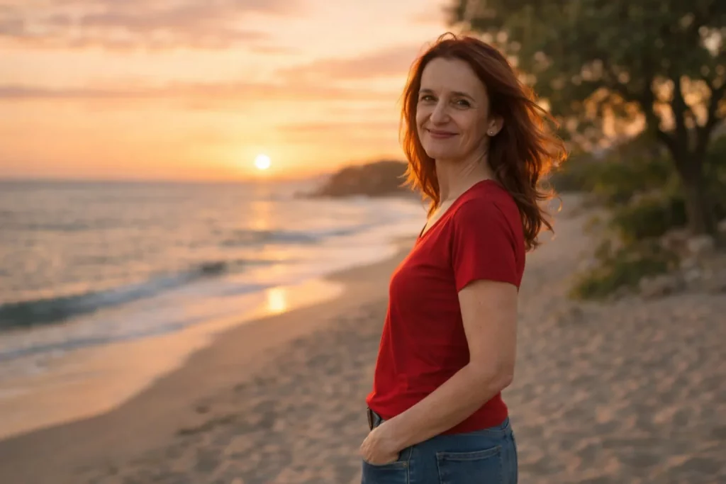 Rosana, facilitadora certificada del Método Integra, en una playa al atardecer.