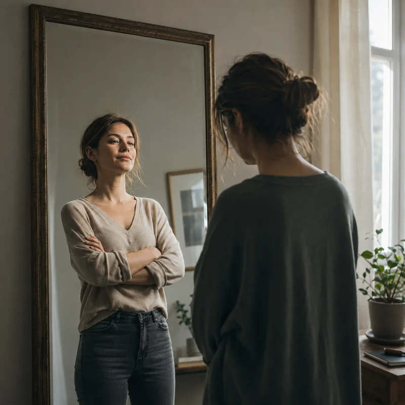 Mujer mirándose al espejo, símbolo de autoestima y reconocimiento personal.