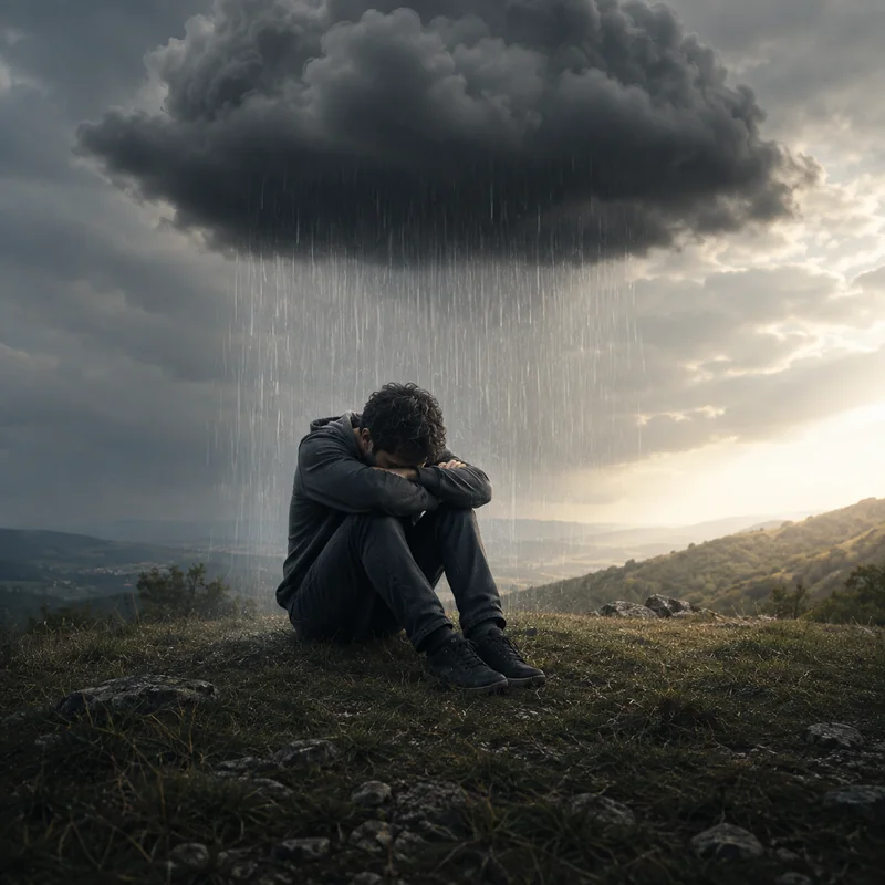 Persona sentada bajo una nube de lluvia, representación de la depresión.