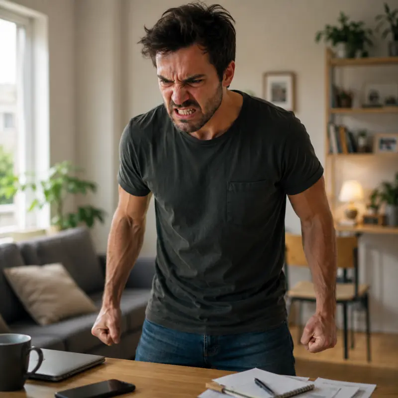Hombre expresando enfado e ira con los puños cerrados