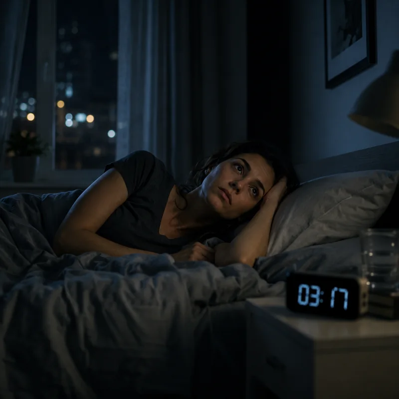 Mujer despierta de madrugada en la cama con dificultad para dormir