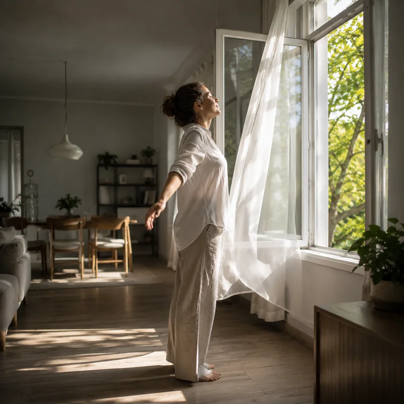 Mujer respirando junto a una ventana abierta en un espacio luminoso