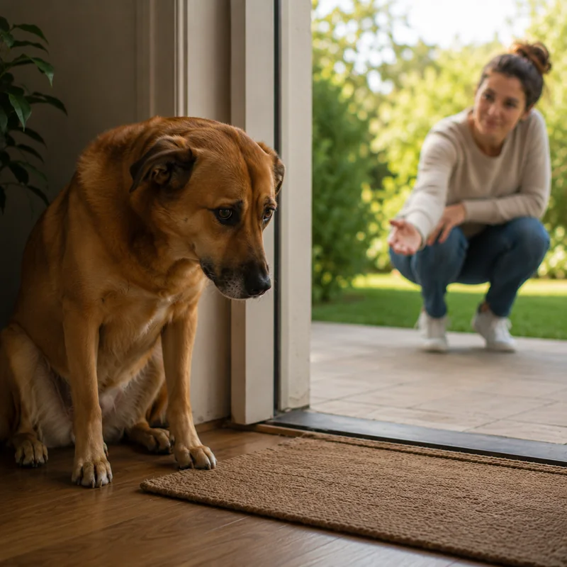 Perro con actitud temerosa junto a una puerta abierta