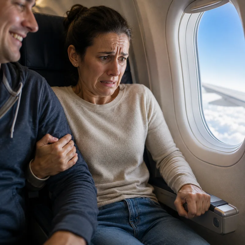 Mujer con miedo durante un viaje en avión