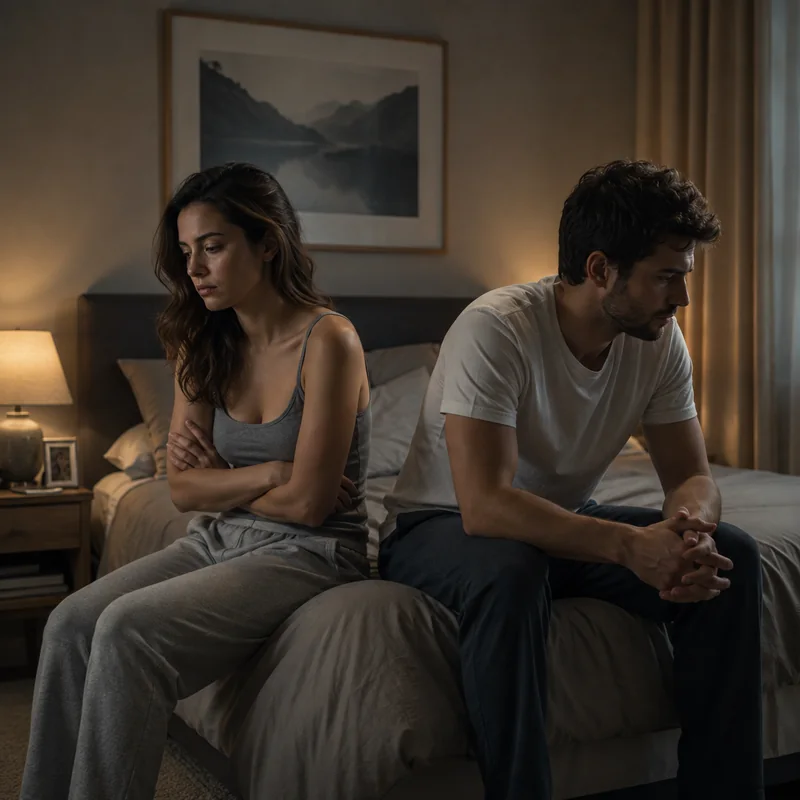 Pareja sentada y distanciada en una cama, representación de problemas sexuales y desconexión emocional.