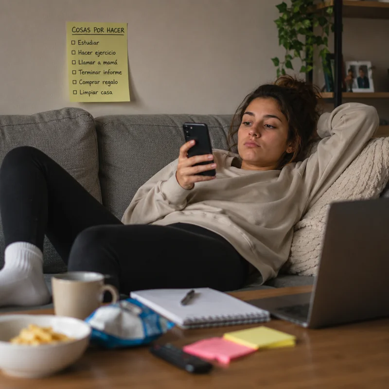 Mujer procrastinando con el móvil mientras posterga sus tareas