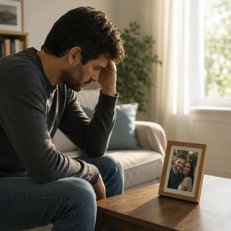 Hombre triste mirando una fotografía tras una ruptura de pareja